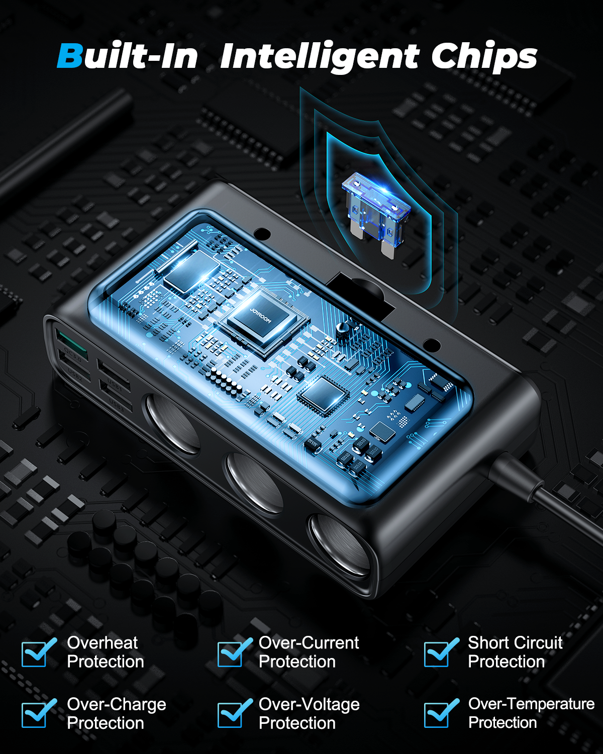 JR-CL06 154W Car cigarette lighter adapter with three sockets + 6 ports (PD+QC3.0+USB*4)