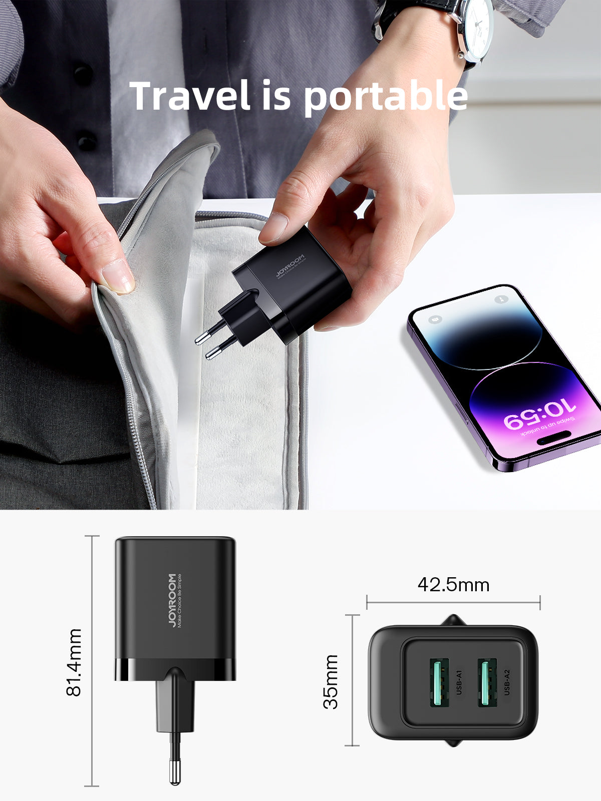 JR-TCN01 2.4A 2USB Charger-Black