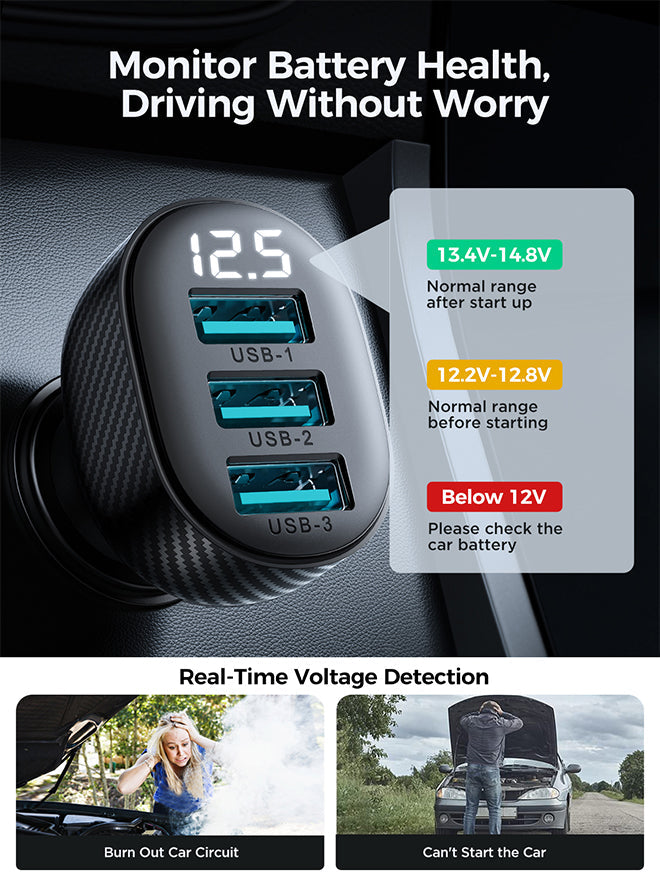 JR-CCD03 3.4A 3USB Digital Display Car Charger