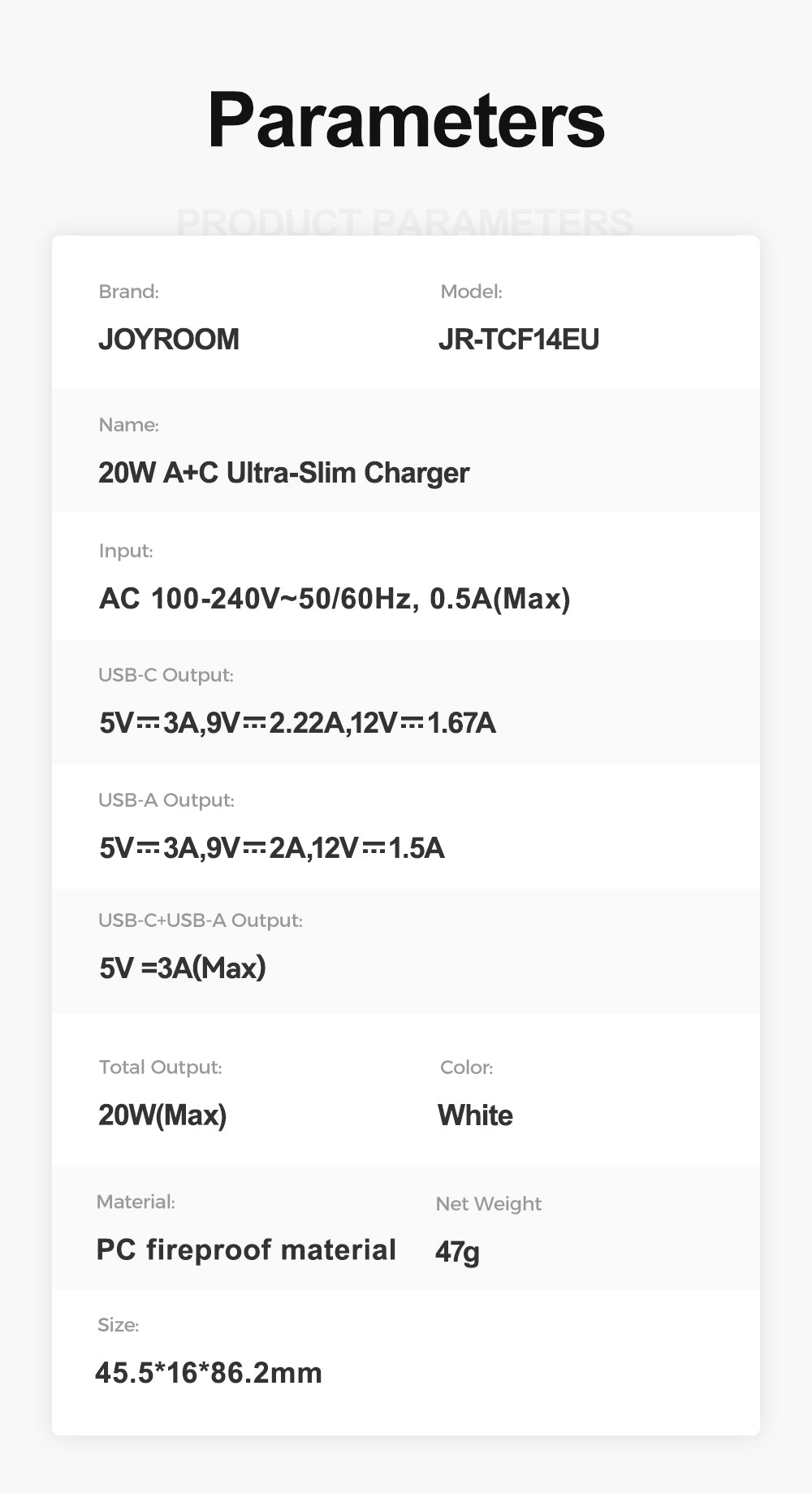 JOYROOM JR-TCF14 20W A+C Super Slim Charger EU