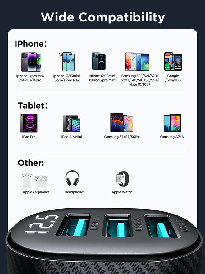 JR-CCD03 3.4A 3USB Digital Display Car Charger