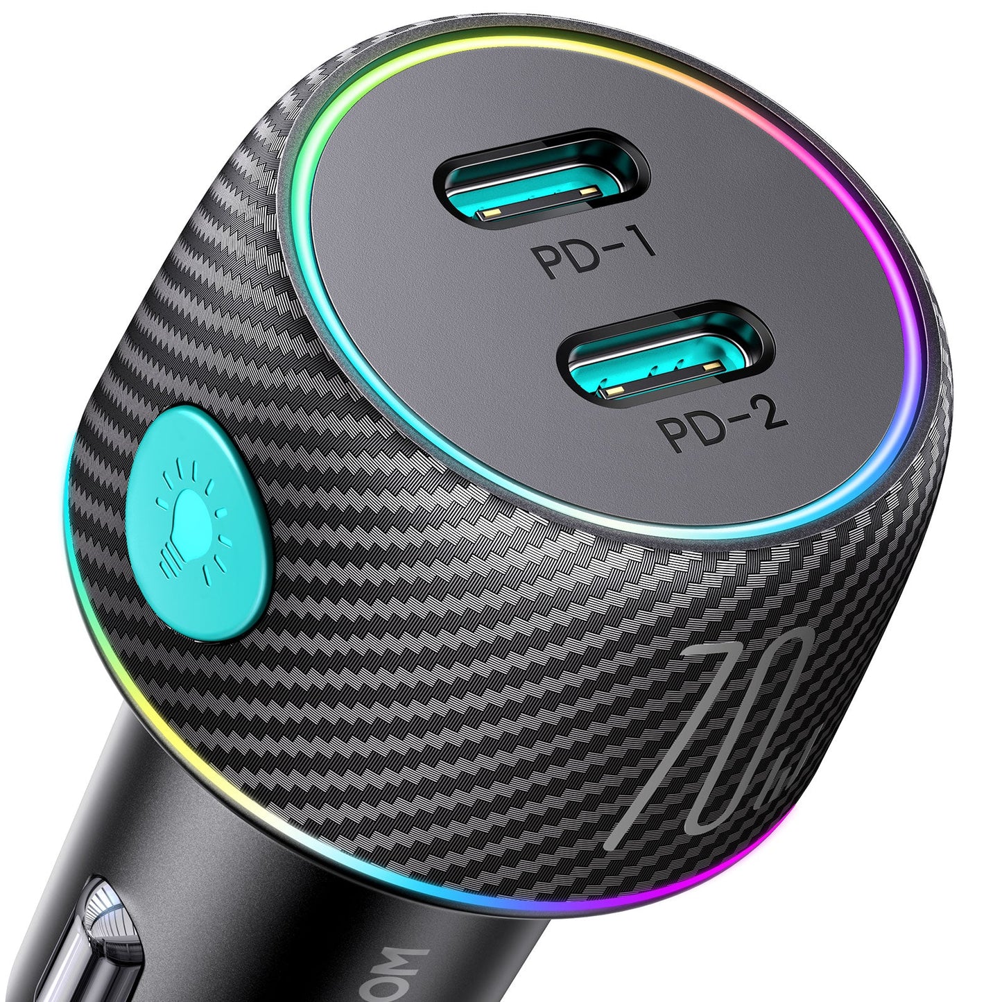 JR-CCN02 70W Dual PD Multi-Color Car Charger with Light Button-Black