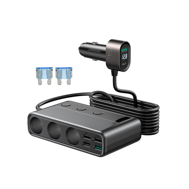 JR-CL06 154W Car cigarette lighter adapter with three sockets + 6 ports (PD+QC3.0+USB*4)